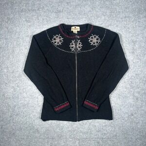 Woolrich Sweater Womens Small Black Snowflake Full Zip 100% Wool Cardigan Winter